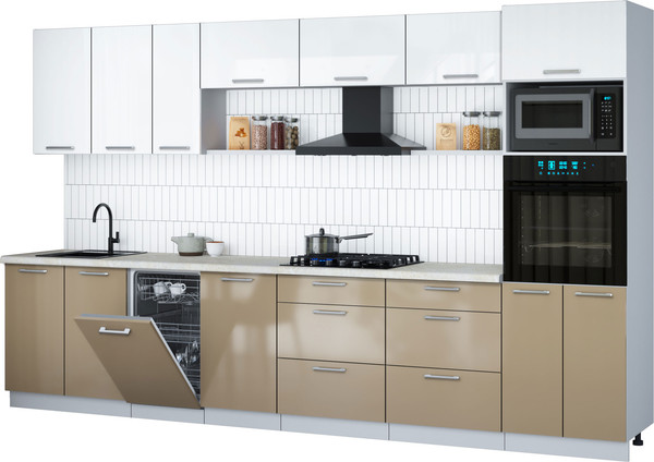 Изображение товара Кухонный гарнитур Интерлиния Мила Gloss 3.5-ПМ3 (капучино глянец/белый глянец/опал светлый)