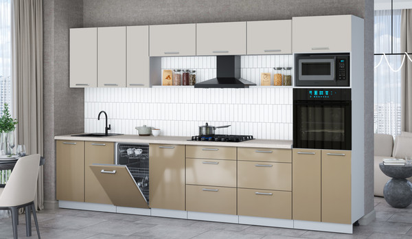 Изображение товара Кухонный гарнитур Интерлиния Мила Gloss 3.5-ПМ3 (капучино глянец/кашемир/травертин серый)
