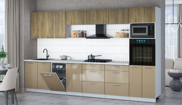 Изображение товара Кухонный гарнитур Интерлиния Мила Gloss 3.5-ПМ3 (капучино глянец/дуб вотан/серый каспий)