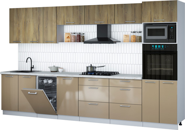 Изображение товара Кухонный гарнитур Интерлиния Мила Gloss 3.5-ПМ3 (капучино глянец/дуб вотан/серый каспий)