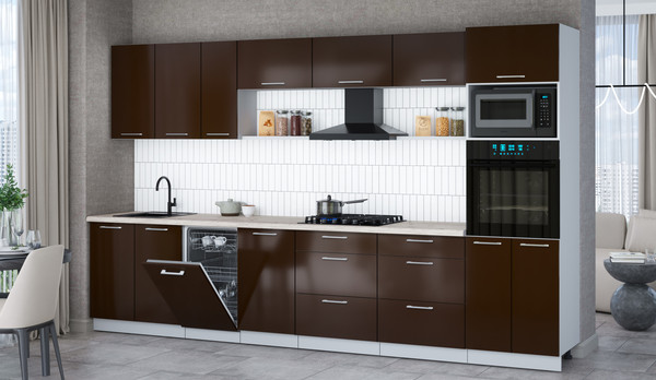 Изображение товара Кухонный гарнитур Интерлиния Мила Gloss 3.5-ПМ3 (шоколад глянец/шоколад глянец/бискайская сосна)