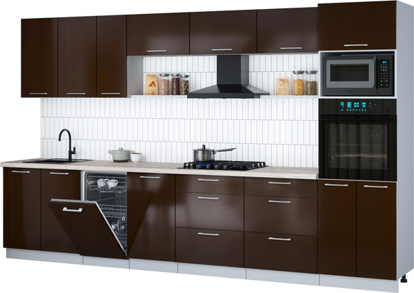 Изображение товара Кухонный гарнитур Интерлиния Мила Gloss 3.5-ПМ3 (шоколад глянец/шоколад глянец/бискайская сосна)