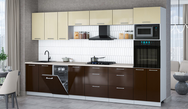 Изображение товара Кухонный гарнитур Интерлиния Мила Gloss 3.5-ПМ3 (шоколад глянец/ваниль глянец/травертин серый)