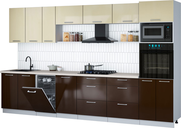 Изображение товара Кухонный гарнитур Интерлиния Мила Gloss 3.5-ПМ3 (шоколад глянец/ваниль глянец/травертин серый)