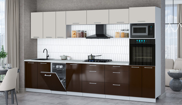 Изображение товара Кухонный гарнитур Интерлиния Мила Gloss 3.5-ПМ3 (шоколад глянец/кашемир/серый каспий)
