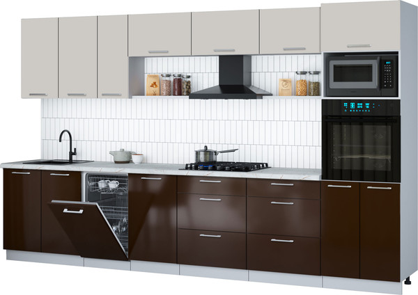Изображение товара Кухонный гарнитур Интерлиния Мила Gloss 3.5-ПМ3 (шоколад глянец/кашемир/серый каспий)