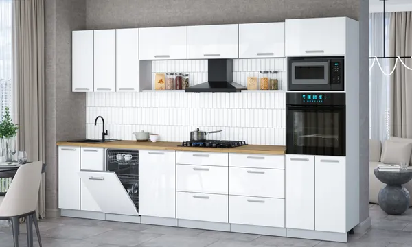 Изображение товара Кухонный гарнитур Interline Мила Gloss 3.3-ПМ3 (белый глянец/белый глянец/дуб бунратти)