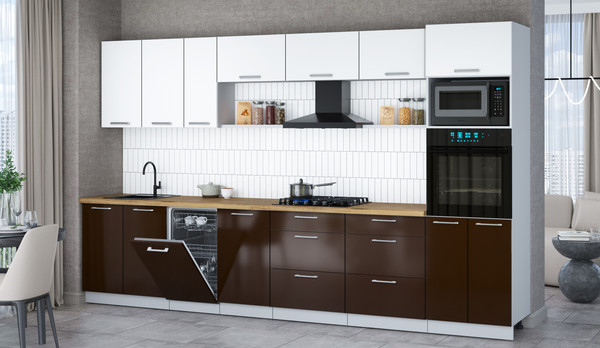 Изображение товара Кухонный гарнитур Интерлиния Мила Gloss 3.5-ПМ3 (шоколад глянец/белый/дуб бунратти)