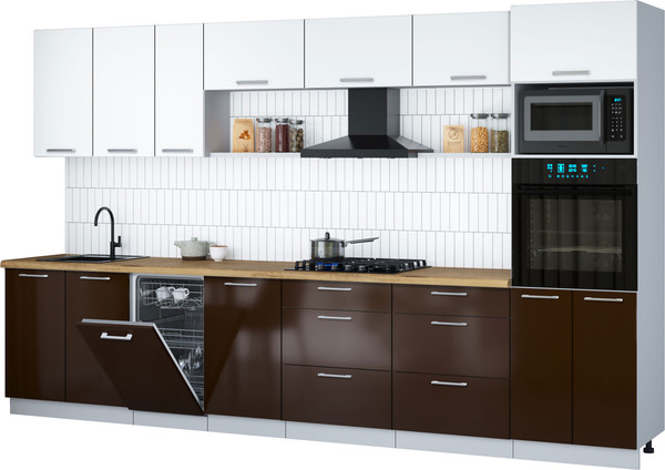 Изображение товара Кухонный гарнитур Интерлиния Мила Gloss 3.5-ПМ3 (шоколад глянец/белый/дуб бунратти)