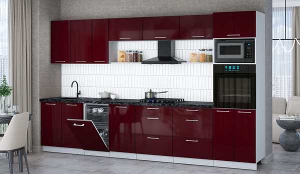 Изображение товара Кухонный гарнитур Интерлиния Мила Gloss 3.5-ПМ3 (бордовый глянец/бордовый глянец/кастилло темный)