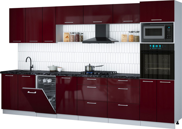 Изображение товара Кухонный гарнитур Интерлиния Мила Gloss 3.5-ПМ3 (бордовый глянец/бордовый глянец/кастилло темный)