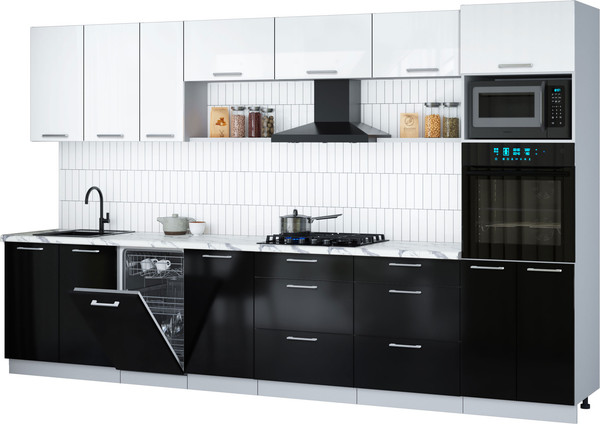 Изображение товара Кухонный гарнитур Интерлиния Мила Gloss 3.5-ПМ3 (черный глянец/белый глянец/белый гранит)