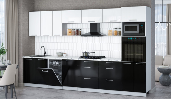 Изображение товара Кухонный гарнитур Интерлиния Мила Gloss 3.5-ПМ3 (черный глянец/белый глянец/белый гранит)