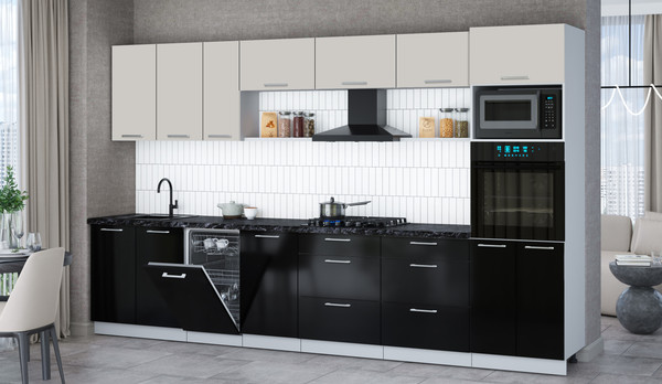 Изображение товара Кухонный гарнитур Интерлиния Мила Gloss 3.5-ПМ3 (черный глянец/кашемир/кастилло темный)