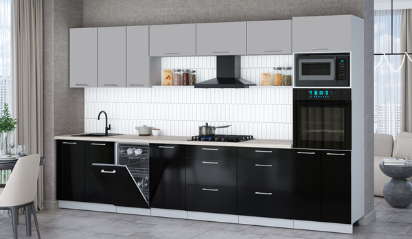 Изображение товара Кухонный гарнитур Интерлиния Мила Gloss 3.5-ПМ3 (черный глянец/грей/бискайская сосна)