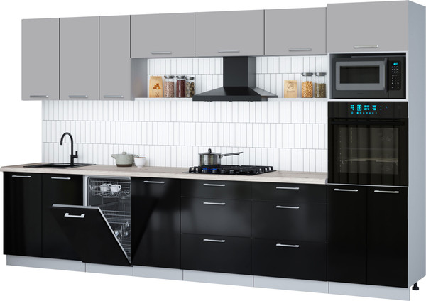 Изображение товара Кухонный гарнитур Интерлиния Мила Gloss 3.5-ПМ3 (черный глянец/грей/бискайская сосна)