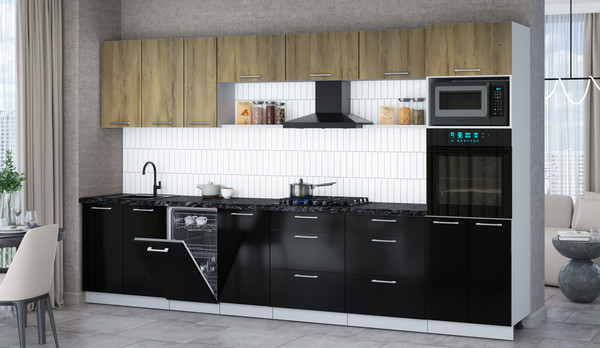 Изображение товара Кухонный гарнитур Интерлиния Мила Gloss 3.5-ПМ3 (черный глянец/дуб вотан/кастилло темный)