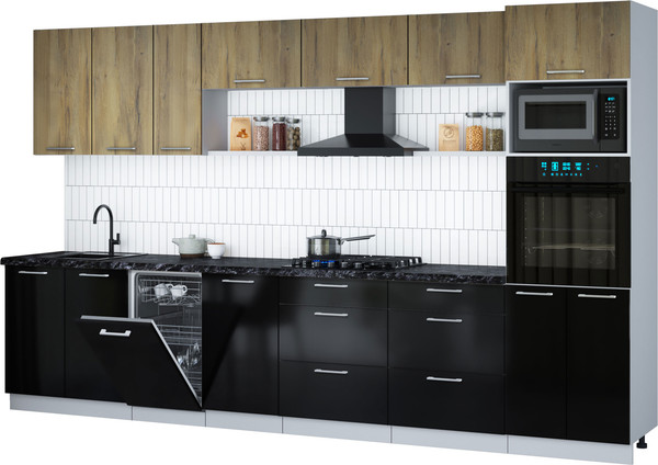 Изображение товара Кухонный гарнитур Интерлиния Мила Gloss 3.5-ПМ3 (черный глянец/дуб вотан/кастилло темный)