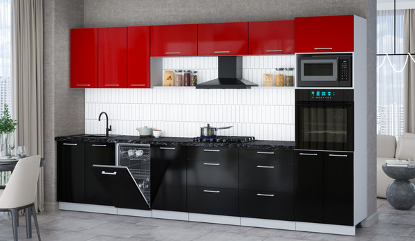 Изображение товара Кухонный гарнитур Интерлиния Мила Gloss 3.5-ПМ3 (черный глянец/красный глянец/кастилло темный)