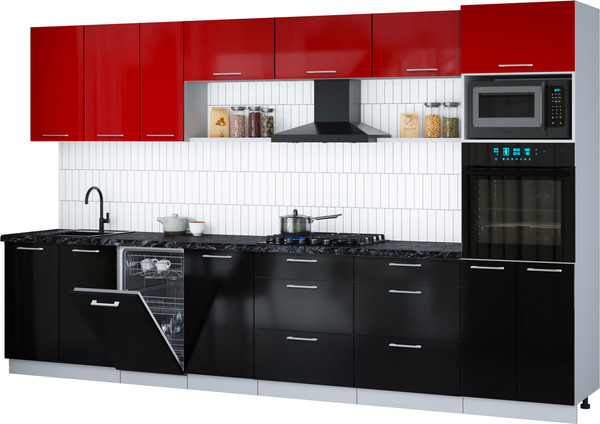 Изображение товара Кухонный гарнитур Интерлиния Мила Gloss 3.5-ПМ3 (черный глянец/красный глянец/кастилло темный)