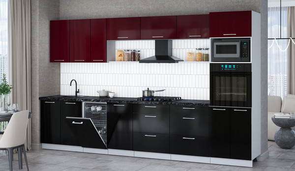 Изображение товара Кухонный гарнитур Интерлиния Мила Gloss 3.5-ПМ3 (черный глянец/бордовый глянец/кастилло темный)