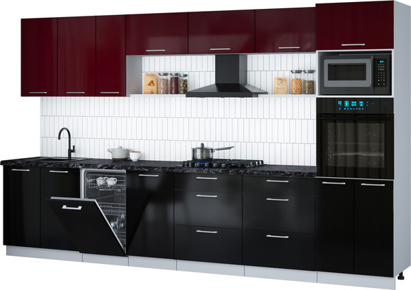 Изображение товара Кухонный гарнитур Интерлиния Мила Gloss 3.5-ПМ3 (черный глянец/бордовый глянец/кастилло темный)