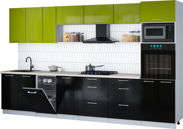 Изображение товара Кухонный гарнитур Интерлиния Мила Gloss 3.5-ПМ3 (черный глянец/яблоко глянец/травертин серый)