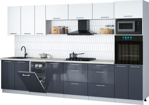 Изображение товара Кухонный гарнитур Интерлиния Мила Gloss 3.5-ПМ3 (асфальт глянец/белый/опал светлый)