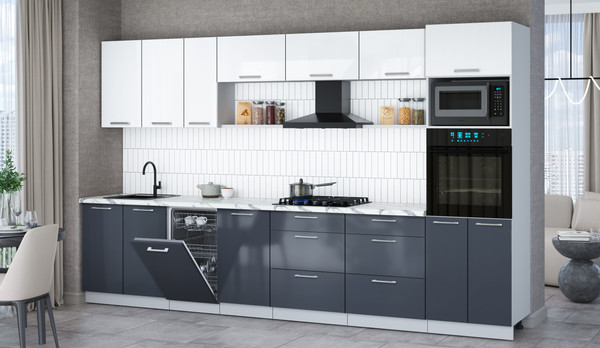 Изображение товара Кухонный гарнитур Интерлиния Мила Gloss 3.5-ПМ3 (асфальт глянец/белый глянец/белый гранит)
