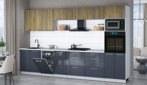 Изображение товара Кухонный гарнитур Интерлиния Мила Gloss 3.5-ПМ3 (асфальт глянец/дуб вотан/серый каспий)