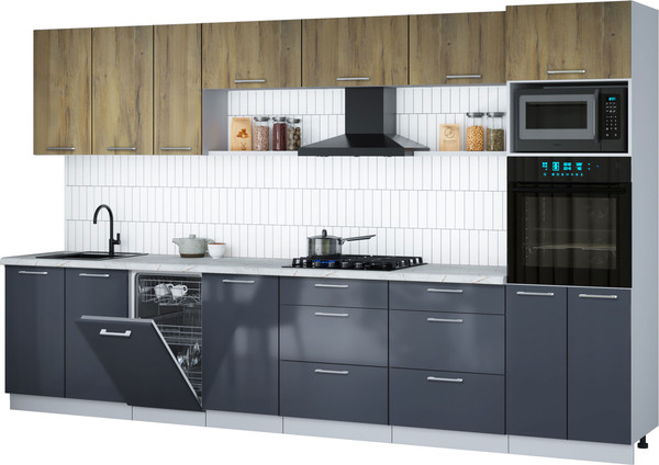 Изображение товара Кухонный гарнитур Интерлиния Мила Gloss 3.5-ПМ3 (асфальт глянец/дуб вотан/серый каспий)