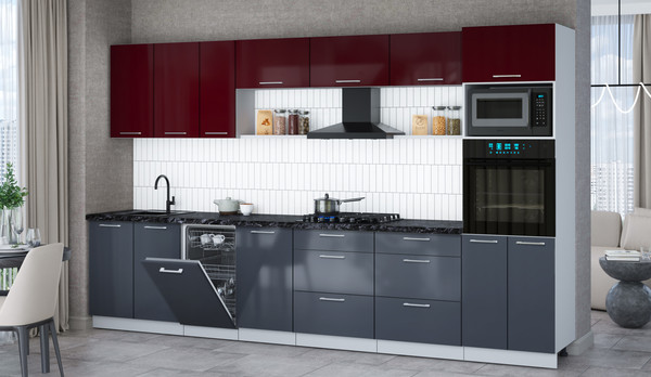 Изображение товара Кухонный гарнитур Интерлиния Мила Gloss 3.5-ПМ3 (асфальт глянец/бордовый глянец/кастилло темный)