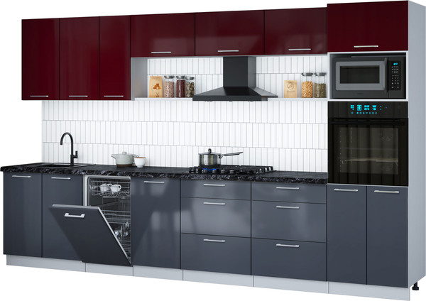 Изображение товара Кухонный гарнитур Интерлиния Мила Gloss 3.5-ПМ3 (асфальт глянец/бордовый глянец/кастилло темный)