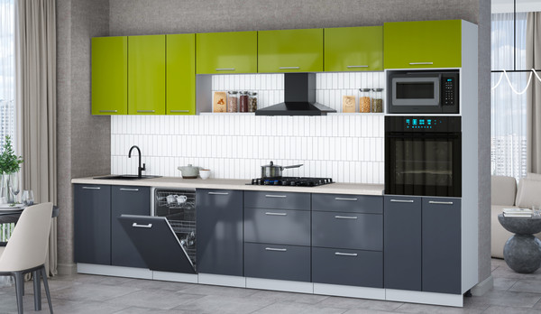 Изображение товара Кухонный гарнитур Интерлиния Мила Gloss 3.5-ПМ3 (асфальт глянец/яблоко глянец/травертин серый)