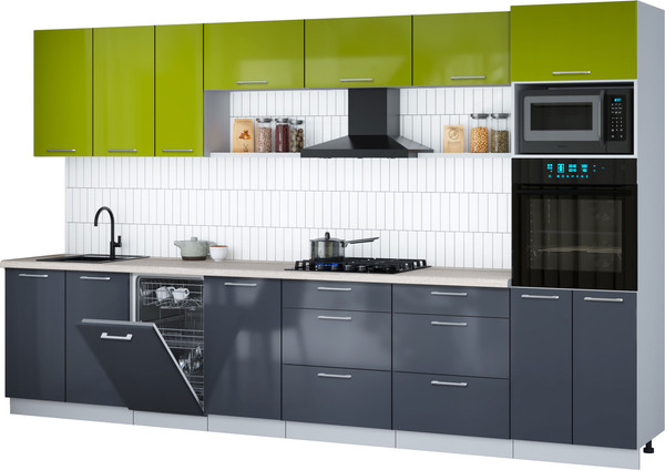 Изображение товара Кухонный гарнитур Интерлиния Мила Gloss 3.5-ПМ3 (асфальт глянец/яблоко глянец/травертин серый)