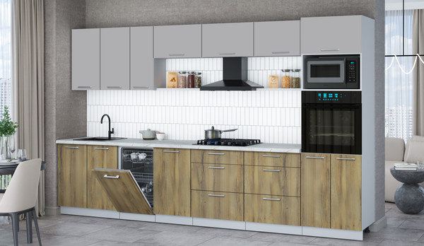 Изображение товара Кухонный гарнитур Интерлиния Мила Gloss 3.5-ПМ3 (дуб вотан/грей/серый каспий)