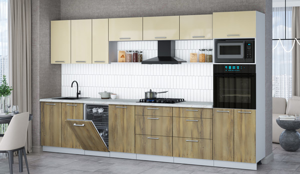 Изображение товара Кухонный гарнитур Интерлиния Мила Gloss 3.5-ПМ3 (дуб вотан/ваниль глянец/серый каспий)