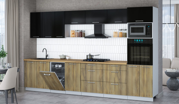 Изображение товара Кухонный гарнитур Интерлиния Мила Gloss 3.5-ПМ3 (дуб вотан/черный глянец/дуб бунратти)