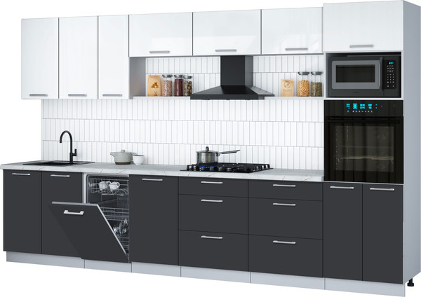 Изображение товара Кухонный гарнитур Интерлиния Мила Gloss 3.5-ПМ3 (пепел/белый глянец/серый каспий)