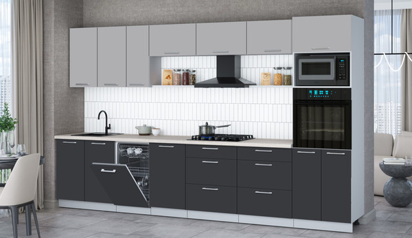 Изображение товара Кухонный гарнитур Интерлиния Мила Gloss 3.5-ПМ3 (пепел/грей/травертин серый)