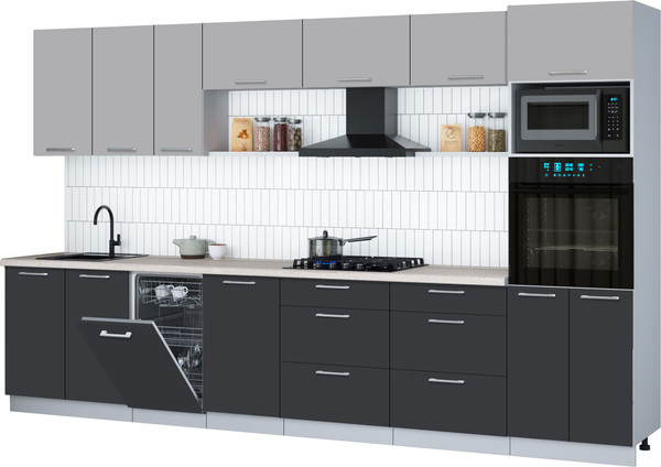 Изображение товара Кухонный гарнитур Интерлиния Мила Gloss 3.5-ПМ3 (пепел/грей/травертин серый)