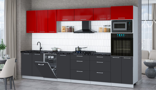 Изображение товара Кухонный гарнитур Интерлиния Мила Gloss 3.5-ПМ3 (пепел/красный глянец/кастилло темный)