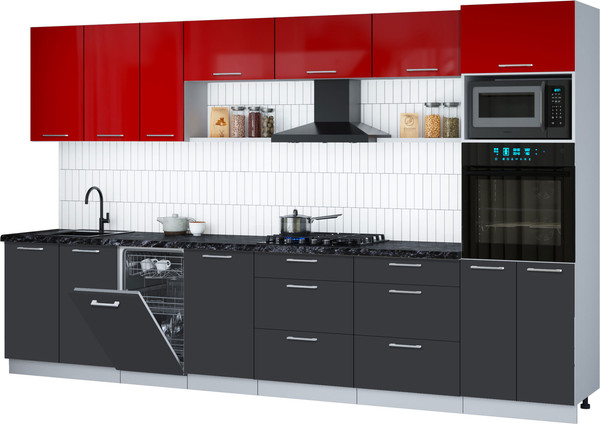Изображение товара Кухонный гарнитур Интерлиния Мила Gloss 3.5-ПМ3 (пепел/красный глянец/кастилло темный)