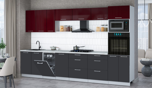 Изображение товара Кухонный гарнитур Интерлиния Мила Gloss 3.5-ПМ3 (пепел/бордовый глянец/серый каспий)