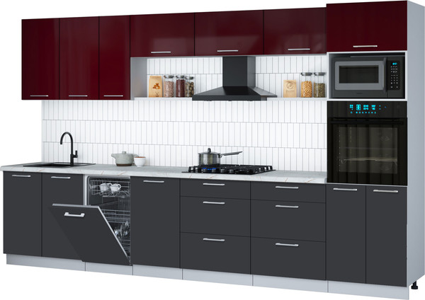Изображение товара Кухонный гарнитур Интерлиния Мила Gloss 3.5-ПМ3 (пепел/бордовый глянец/серый каспий)
