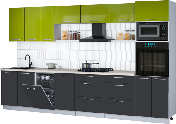 Изображение товара Кухонный гарнитур Интерлиния Мила Gloss 3.5-ПМ3 (пепел/яблоко глянец/травертин серый)