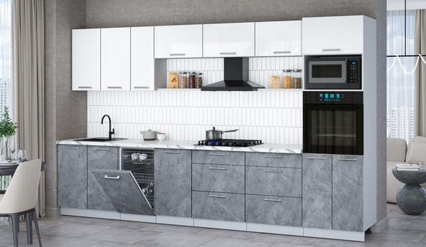 Изображение товара Кухонный гарнитур Интерлиния Мила Gloss 3.5-ПМ3 (керамика/белый глянец/белый гранит)