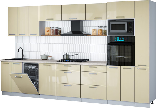 Изображение товара Кухонный гарнитур Интерлиния Мила Gloss 3.6-ПМ3 (ваниль глянец/ваниль глянец/травертин серый)