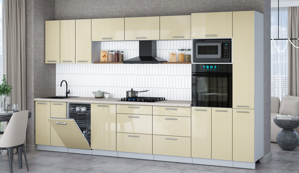 Изображение товара Кухонный гарнитур Интерлиния Мила Gloss 3.6-ПМ3 (ваниль глянец/ваниль глянец/травертин серый)