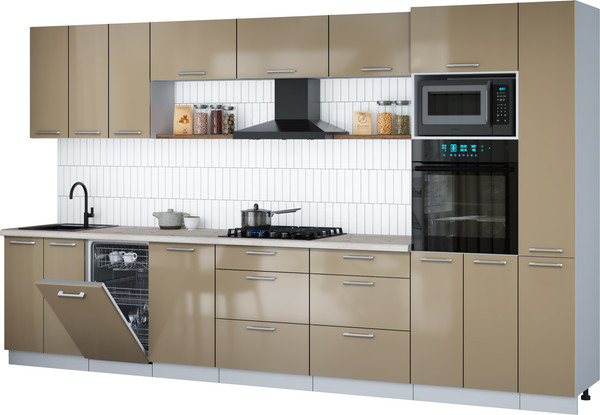 Изображение товара Кухонный гарнитур Интерлиния Мила Gloss 3.6-ПМ3 (капучино глянец/капучино глянец/бискайская сосна)